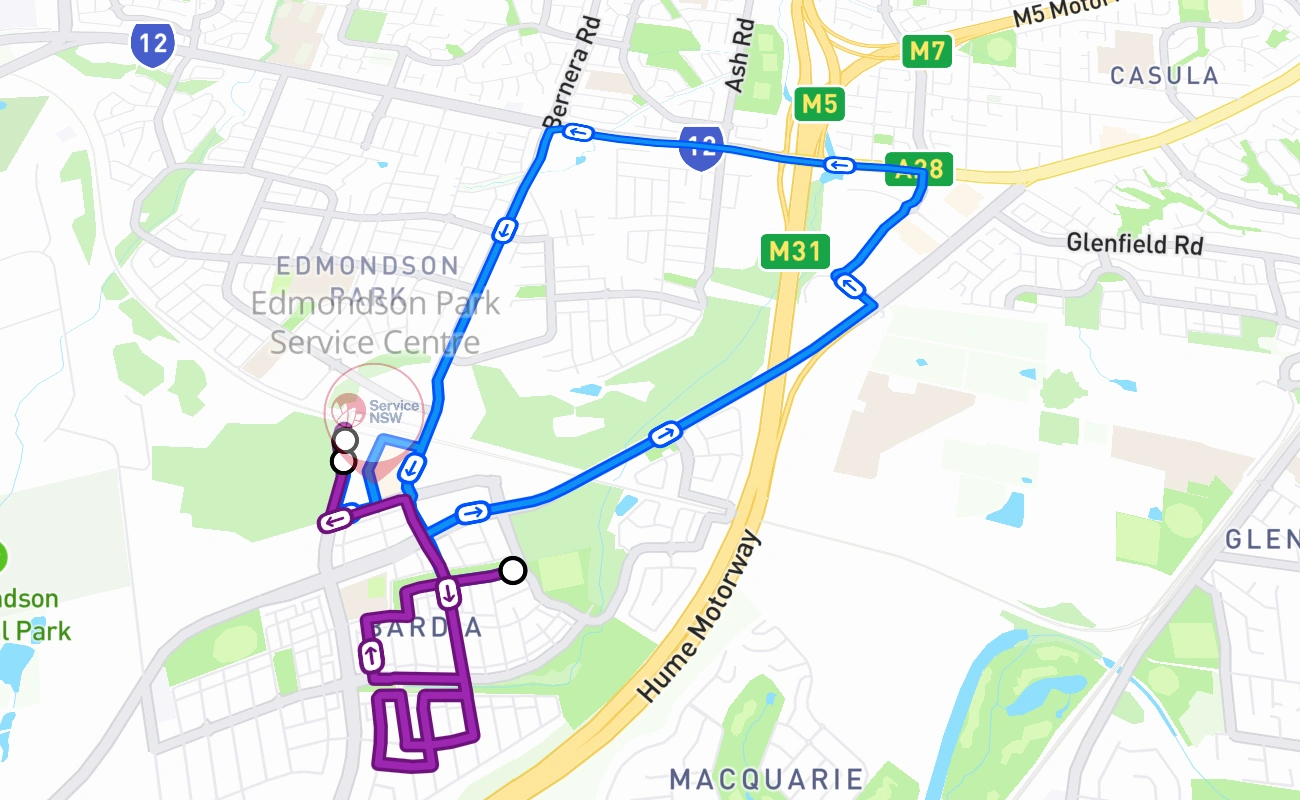 Edmondson Park Service Centre driving test route #826 map - NSW Australia